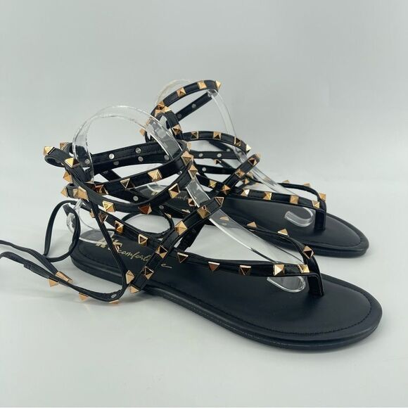 It’s Comfortable Women’s Black Gold Stud Gladiator Wraparound Thong Sandals Sz 9 - Picture 10 of 12